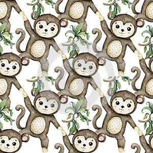 Cute baby monkey. Hand drawn adorable watercolor african animals illustration on white background. Seamless pattern