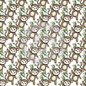 Cute baby monkey. Hand drawn adorable watercolor african animals illustration on white background. Seamless pattern