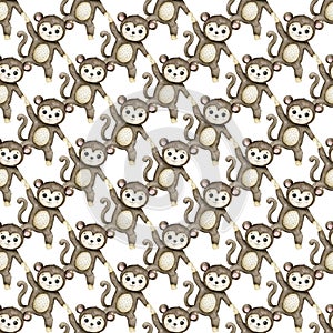 Cute baby monkey. Hand drawn adorable watercolor african animals illustration on white background. Seamless pattern