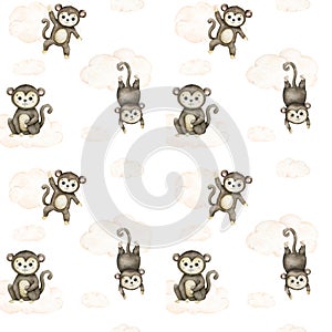 Cute baby monkey. Hand drawn adorable watercolor african animals illustration on white background. Seamless pattern