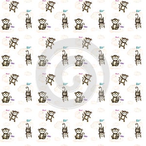 Cute baby monkey. Hand drawn adorable watercolor african animals illustration on white background. Seamless pattern