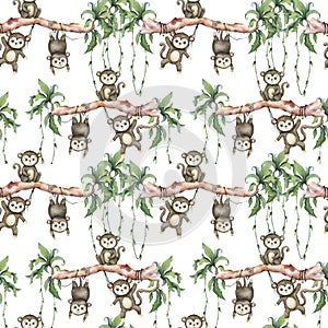 Cute baby monkey. Hand drawn adorable watercolor african animals illustration on white background. Seamless pattern