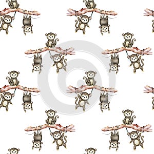 Cute baby monkey. Hand drawn adorable watercolor african animals illustration on white background. Seamless pattern