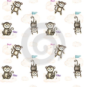 Cute baby monkey. Hand drawn adorable watercolor african animals illustration on white background. Seamless pattern