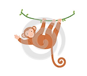 Cute baby monkey hanging on tree branch, swinging and waving with paw. Colored flat vector illustration of smiling and
