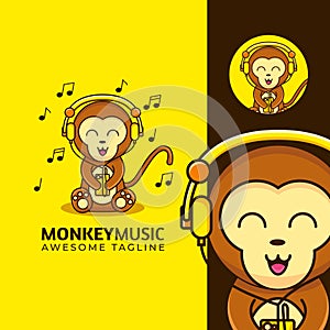 Cute baby monkey with a headphone music