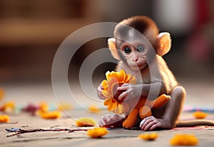 Cute baby monkey playing with toys