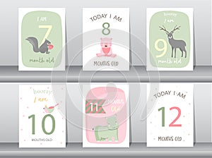 Cute baby month anniversary card, Milestone cards,Vector illustrations.