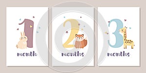 Cute baby month anniversary card with numbers and animals