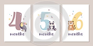 Cute baby month anniversary card with numbers and animals