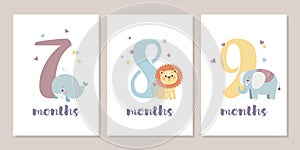 Cute baby month anniversary card with numbers and animals