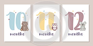 Cute baby month anniversary card with numbers and animals photo