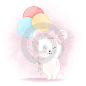 Cute baby mouse with balloon hand drawn cartoon illustration