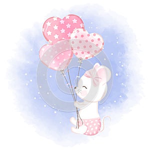 Cute baby mouse with balloon hand drawn cartoon illustration watercolor background
