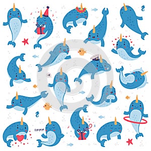 Cute baby narwhal character set. Funny sea mammal animal in different poses cartoon vector illustration