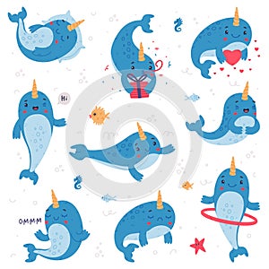 Cute baby narwhal set. Funny sea mammal animal cartoon character in different activities vector illustration