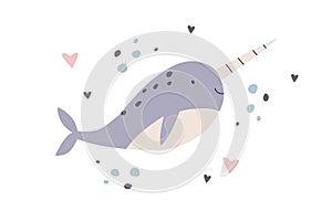 Cute baby narwhal. Unicorn horned fish. Sea animal in Scandinavian nordic style. Fairy marine character swimming. Kid