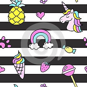 Cute baby neon hand drawn fantasy stuff seamless pattern on black stripes with unicorn and rainbow