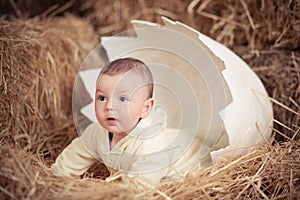 Cute baby newborn child posing in huge broken egg on dry straw in unique studio design decoration