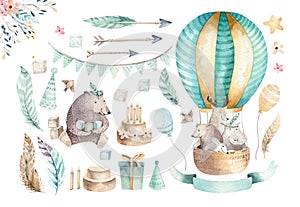 Lindo un nino jardín de infancia sobre el globo ilustraciones. bohemio acuarela bohemio un oso gato a ciervo 