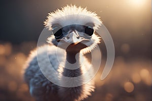 Cute baby ostrich in the sunset light, close-up portrait