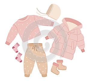 Cute baby outfit. Cartoon baby girl casual garments, cute little pants, puffer jacket and acsessories flat vector illustration on