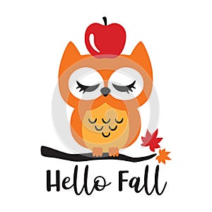 Cute Baby Owl with Apple on a Maple Branch Vector