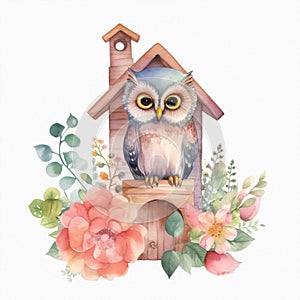 Cute baby owl at home, pastel colors, flowers, watercolor illustration