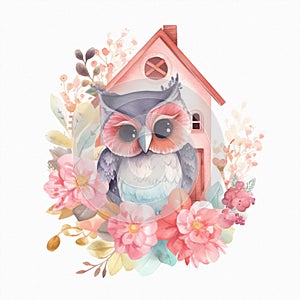 Cute baby owl at home, pastel colors, flowers, watercolor illustration