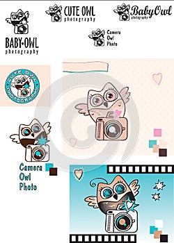 Cute Baby-Owl Photographer vector logo variations. Owl with a camera. Black and white. Color. Decorative elements