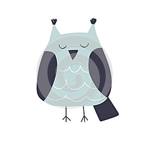 Cute baby owl sleeping. Funny Scandinavian bird asleep. Kids animal. Scandi nordic fairytale character for nursery