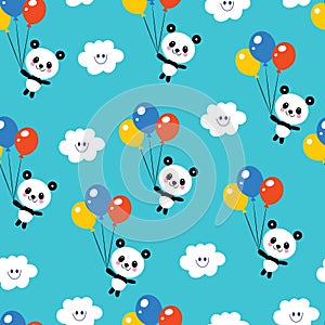 Cute baby panda bears, clouds, balloons, sky pattern