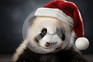 A cute baby panda donning a Santa Claus hat, gazing forward with wide, curious eyes.