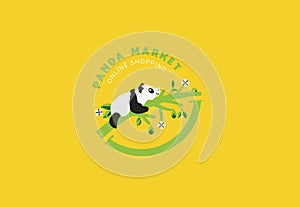 Cute Baby Panda Eating on Tree Trunk Logo - Stock Vector