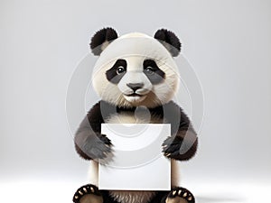Cute baby panda holding blank sign on grey background