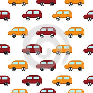 Cute baby pattern of bright multi-colored red x and orange cars. Vector