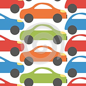 Cute baby pattern. Cars for boys. Flat seamless pattern with bright colored minicar on white background.