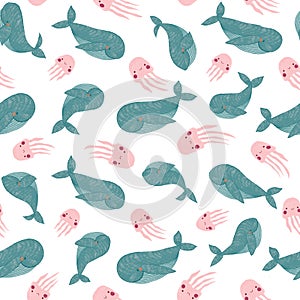 Cute baby pattern with sea animals. Whale and jellyfish drawn with colored pencil.