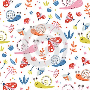 Cute baby pattern with snails, moths and butterflies