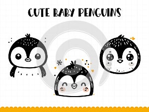 Cute baby penguin face in simple doodle style. Vector illustration.