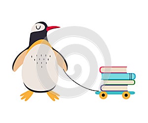 Cute baby penguin pulling cart full of books. Funny smart wild animal character with books. Kids education cartoon