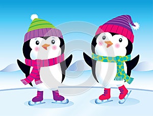 Cute Baby Penguins On Ice Skates In Wintertime