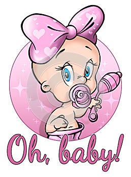 Cute baby with a pink bow and rattle