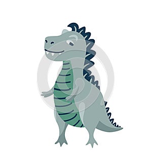 Cute baby playful dinosaur tyrannosaurus isolated on white background. Kid character dino monster for cool nursery