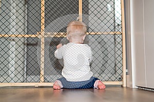 Cute Baby Playing Behind Safety Gate