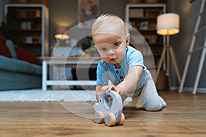 Cute baby playing with elephant toy with wheels sitting on floor play in sunny living room. Toys for little kids. Interior for