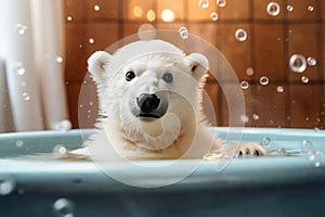 Cute baby polar bear in bathtub with bubbles. Generative AI