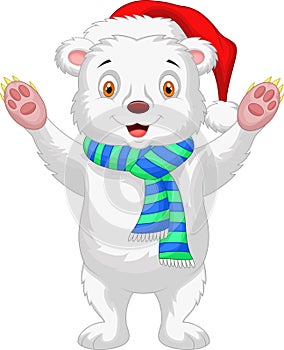 Cute baby polar bear cartoon wearing red hat