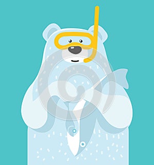 Cute baby polar bear in diving mask and fish on blue background, design for logo, poster, card. Childrens animal