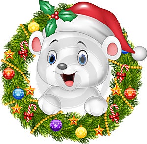 Cute baby polar bear holding Christmas Wreath with ribbons, balls and bow
